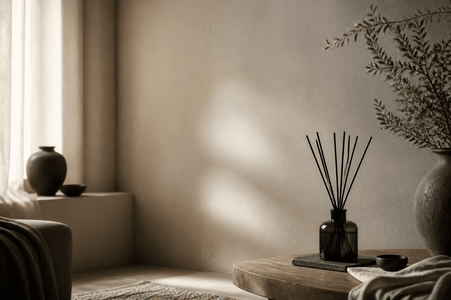 Reed diffuser in a softly lit room