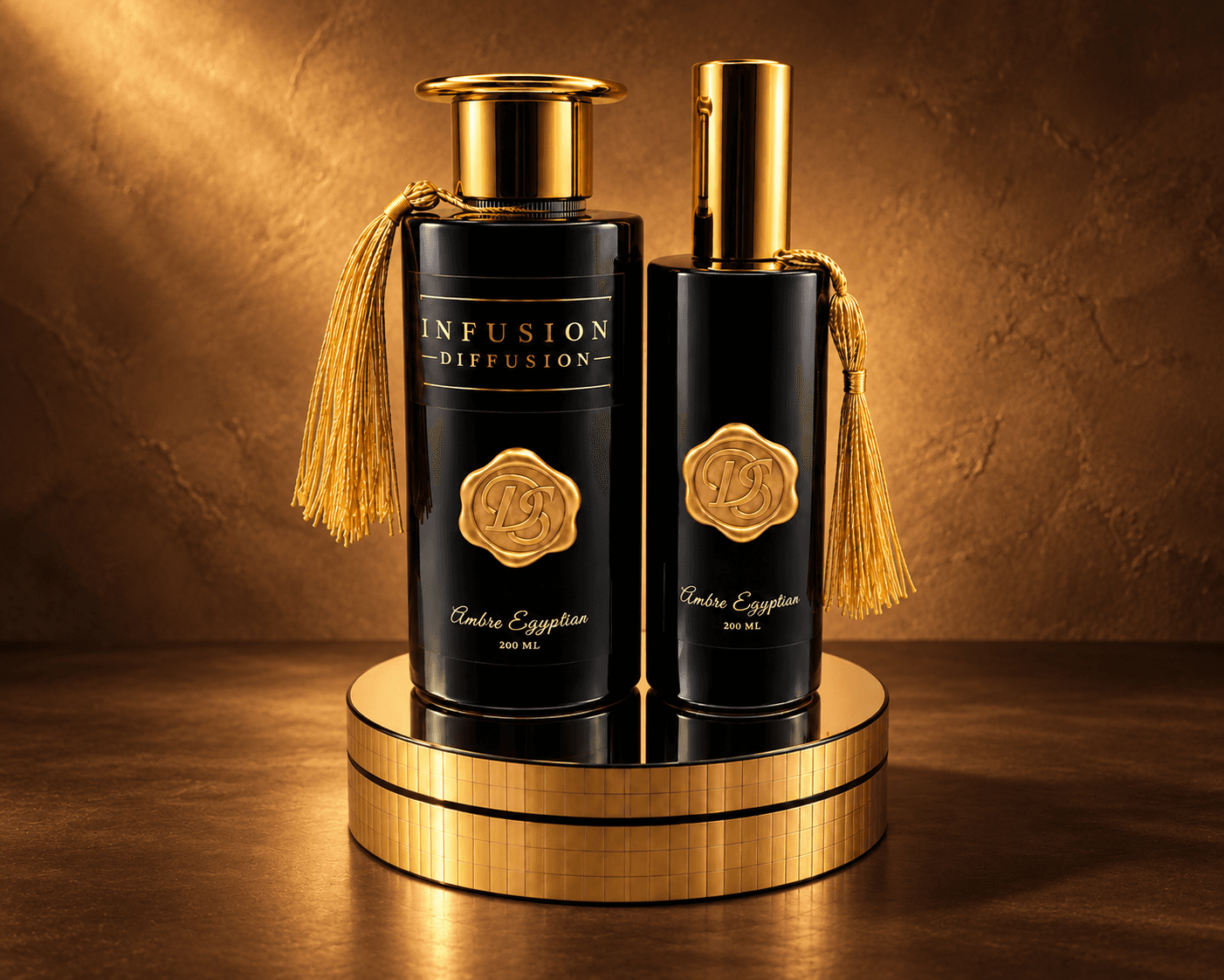 Two black and gold Ambre Egyptian bottles on a mirrored gold plinth against a warmly lit amber-brown backdrop.